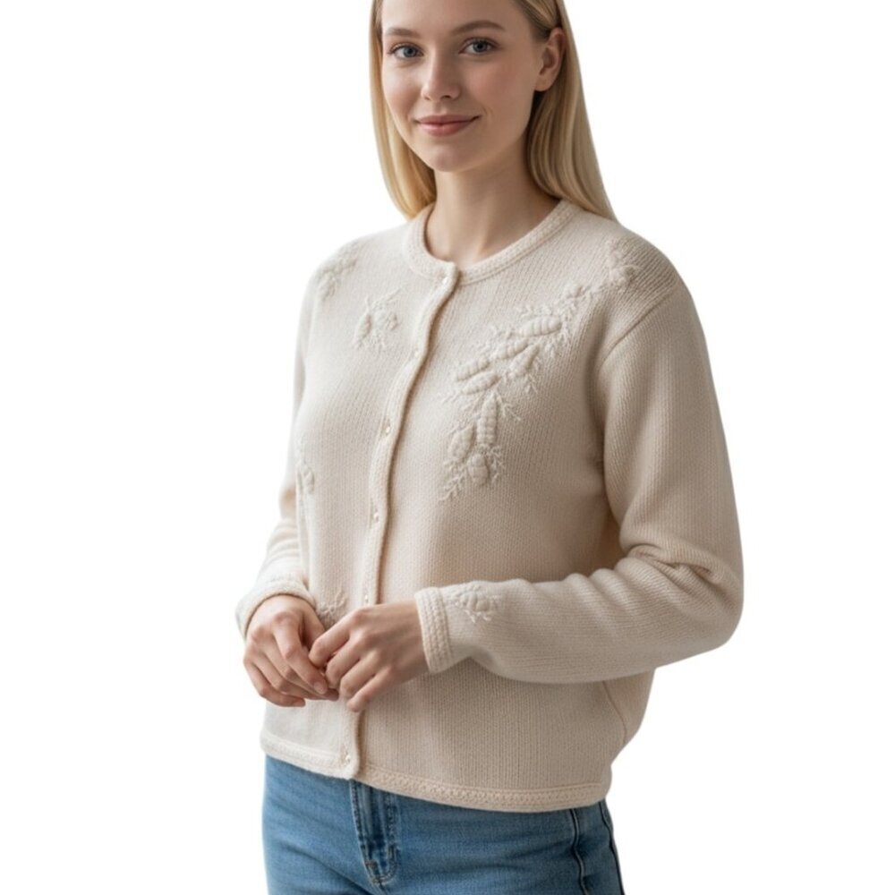 Vintage Harilela's Ivory Angora Blend Pearl Button Beaded Cardigan Size 40